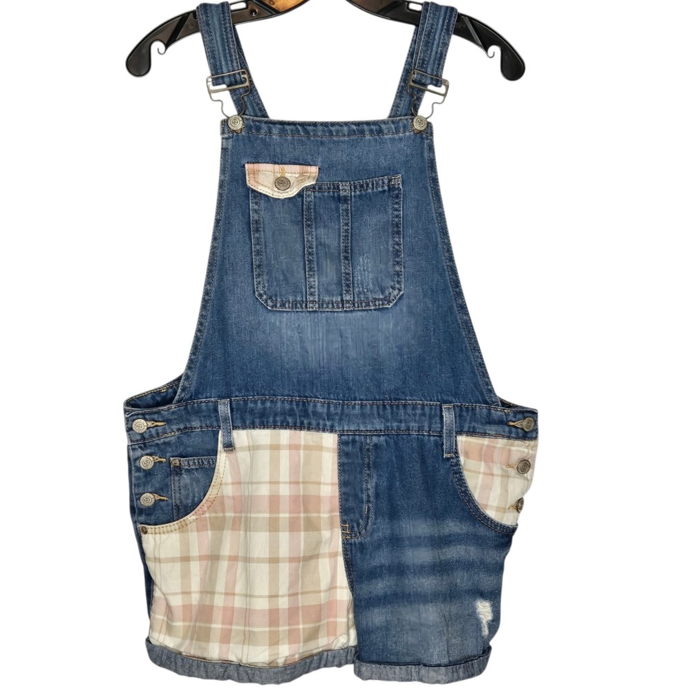 Vintage LEI Denim Overall Shorts Plaid Patchwork Shortalls Cuffed Y2K Juniors XL